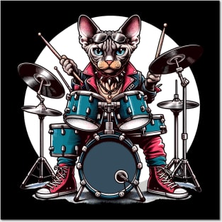 Devon Rex Cat Playing Drums Posters and Art